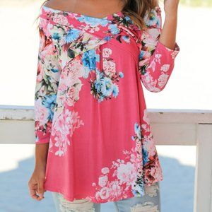 ROSY FLORAL CRISSCROSS OFF SHOULDER TOP